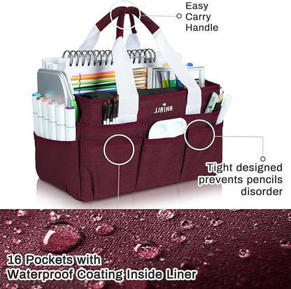 JJRING Craft Organizer Tote Bag, Art Storage Caddy with Multiple Pockets, Dark Red Sewing Bag for Art, Craft, Scrapbooking, School, Medical, and Office
