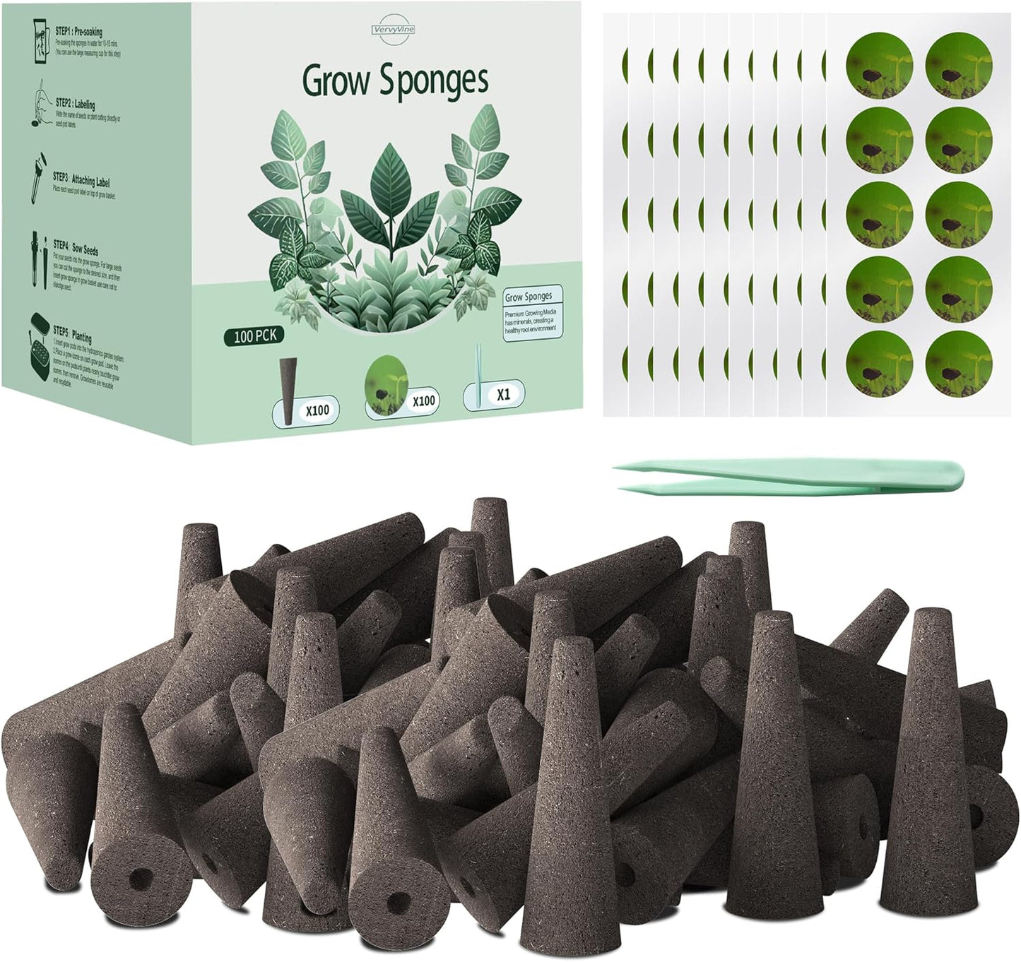 100 Pack Hydroponics Grow Sponges - Replacement Root Growth Sponge Seed Pods for Hydroponic Garden Indoor Growing System, Seed Starter Sponges Pod Kit with 100 Labels and 1 Tweezers