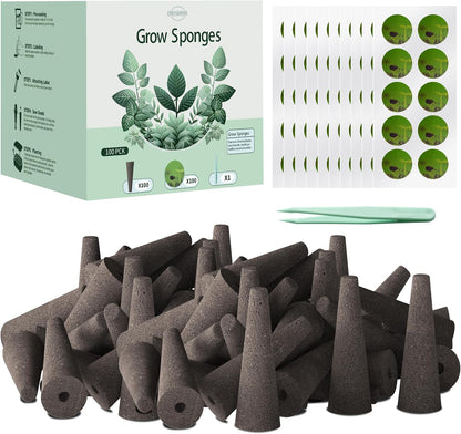 100 Pack Hydroponics Grow Sponges - Replacement Root Growth Sponge Seed Pods for Hydroponic Garden Indoor Growing System, Seed Starter Sponges Pod Kit with 100 Labels and 1 Tweezers