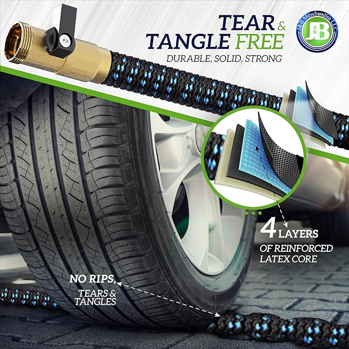 J&B XpandaHose 75ft Expandable Garden Hose with Holder - Heavy Duty Superior Strength 3750D - 4 -Layer Latex Core - Extra Strong Brass Connectors and 10 Spray Nozzle w/Storage Bag (Blue 75)
