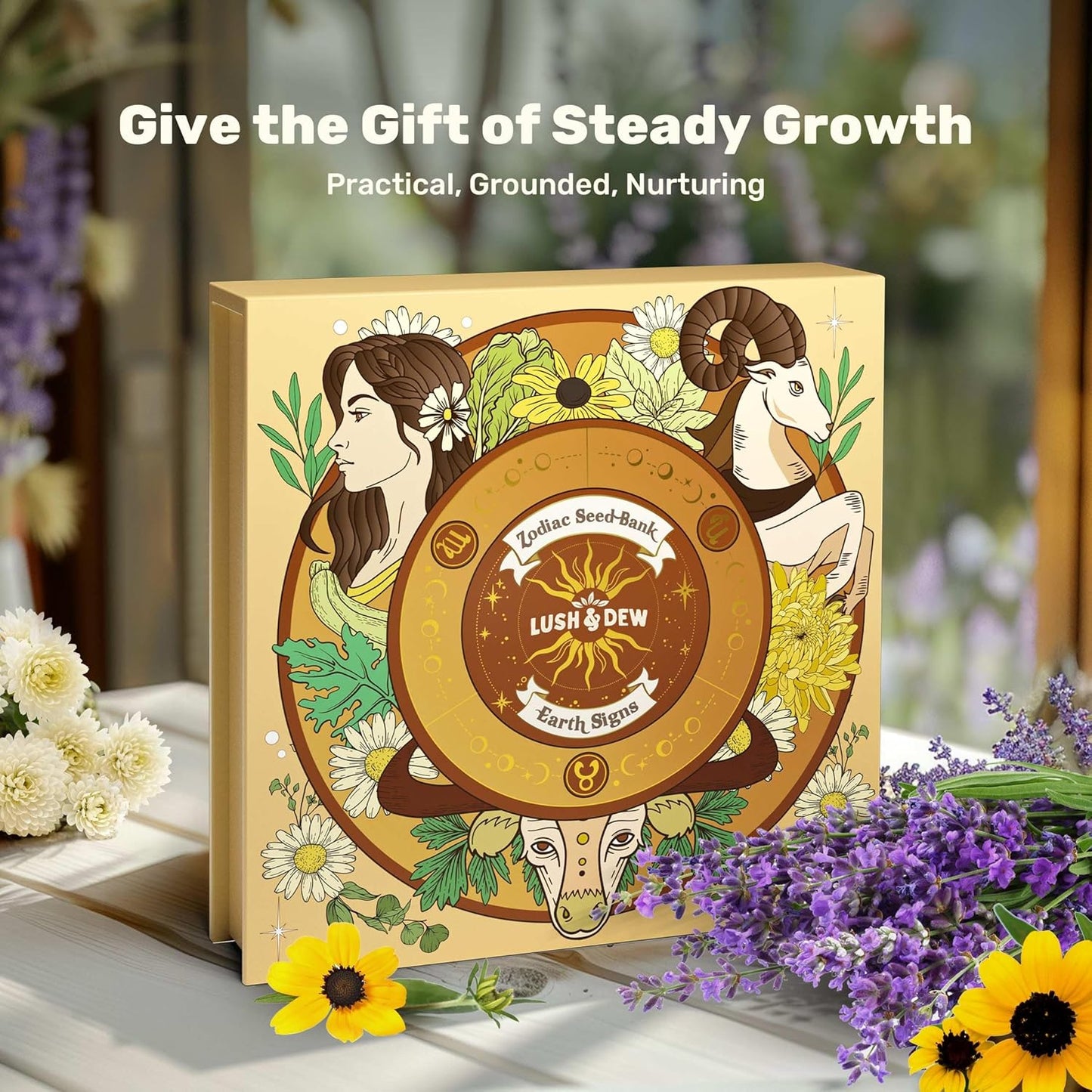 LUSH&DEW Zodiac Garden Seed Bank, 12 Varieties Non-GMO USA-Sourced Heirloom Herb Flower Seeds with Moon Calendar, Gardening Gift for Women Men, Witchcraft Supplies, Earth Sign (Taurus Virgo Capricorn)