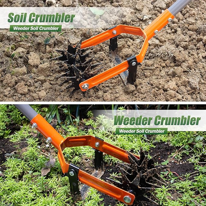Walensee Rotary Cultivator Tool, Adjustable Garden Hand Tiller with Stainless Steel Pole, 2-in-1 Garden Weeder and Crumbler Soil Cultivator Tool with Weeding Knife for Soil Mixing or Reseeding Grass