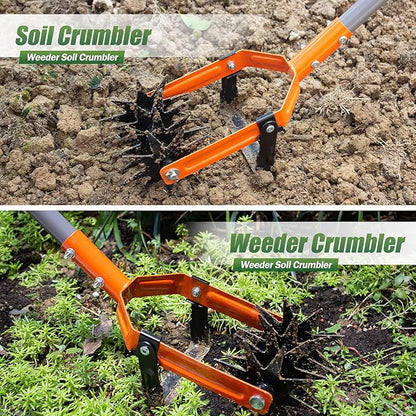 Walensee Rotary Cultivator Tool, Adjustable Garden Hand Tiller with Stainless Steel Pole, 2-in-1 Garden Weeder and Crumbler Soil Cultivator Tool with Weeding Knife for Soil Mixing or Reseeding Grass