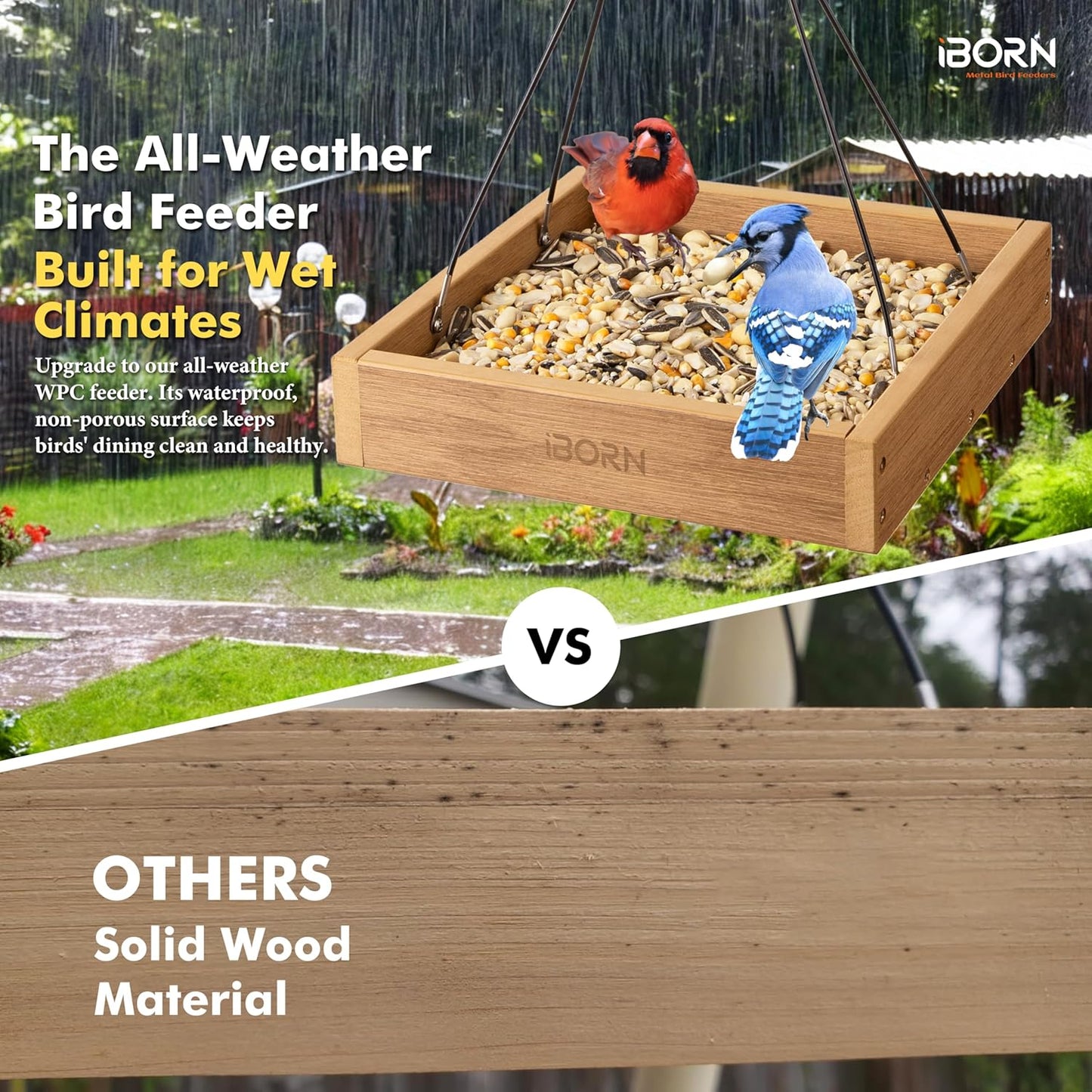 iBorn Platform Bird Feeder Tray Bird Feeders for Outdoors 10.6"x10.6" Platform Feeder with Large Capacity 3 LBS, Recycled Plastic & Cedar Look, Waterproof, Raw