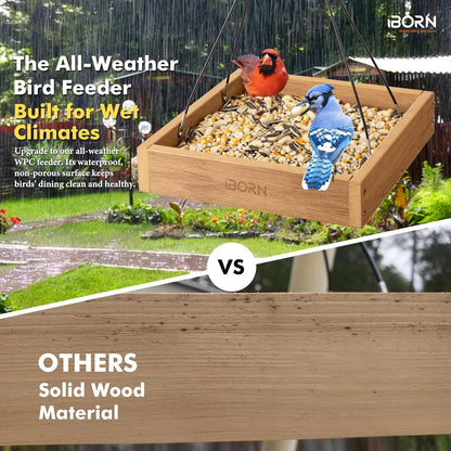 iBorn Platform Bird Feeder Tray Bird Feeders for Outdoors 10.6"x10.6" Platform Feeder with Large Capacity 3 LBS, Recycled Plastic & Cedar Look, Waterproof, Raw