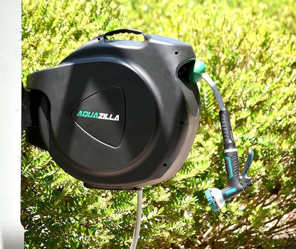 Retractable Garden Hose Reel, 100Ft x 5/8" Durable Wall Mounted Water Hose Reel with 180° Swivel Bracket, 9 Pattern Sprayer, 6Ft leader hose,Smooth Automatic Rewind, Any Length Lock.