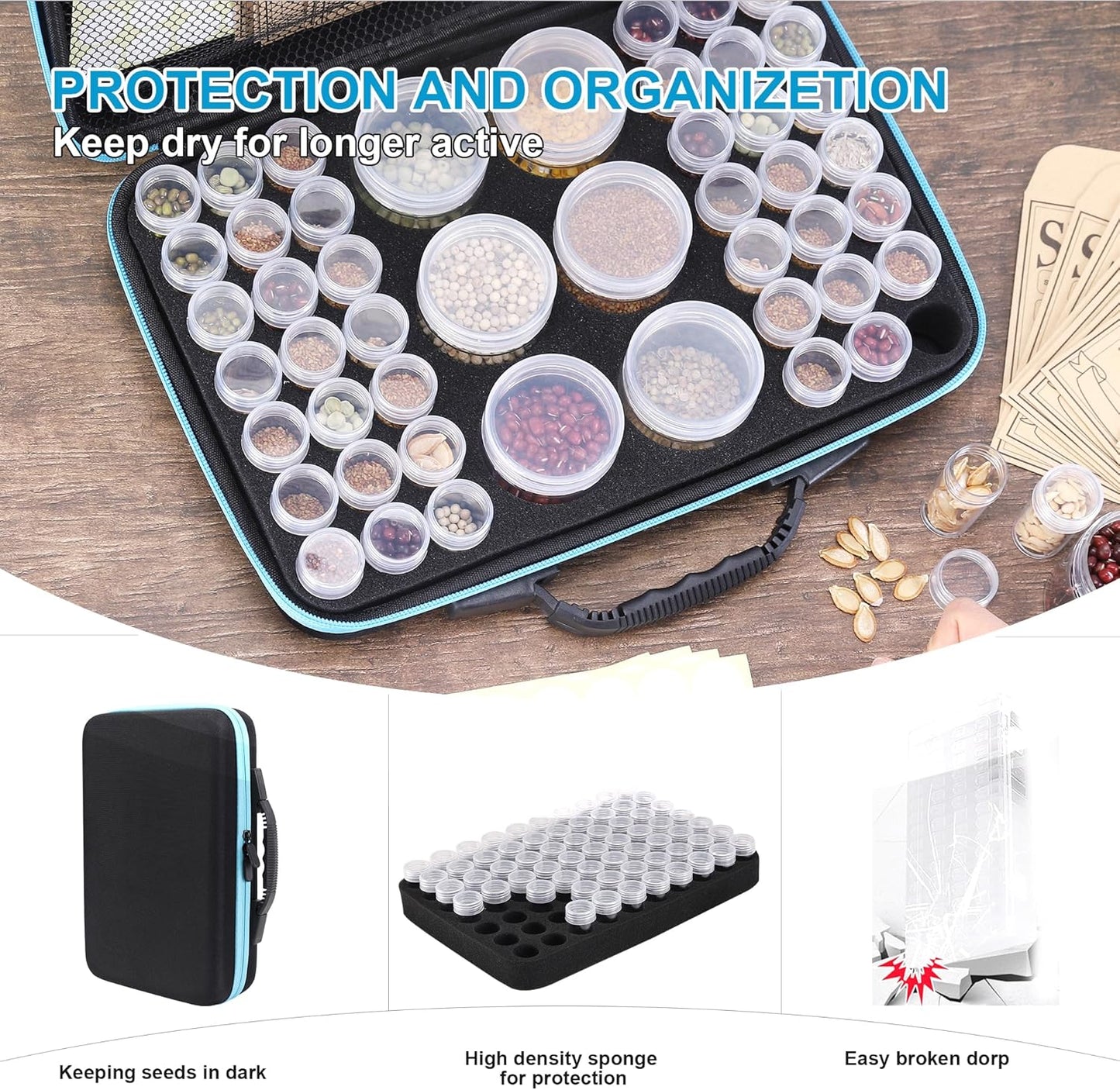 48 Slots Seed Storage Organizer Box, Garden Vegetable Plant Flower Seeds Saving kit with Write Label Funnel Tweezer 2 Sizes Storage Bottles