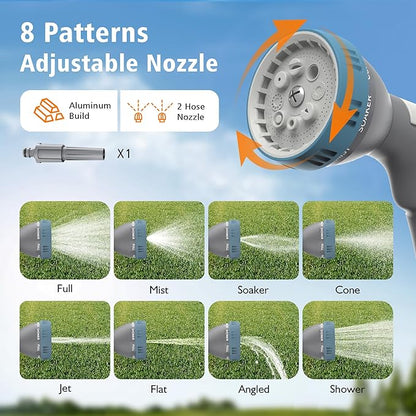 Retractable Garden Hose Reel - 1/2 in x 100 ft Wall Mounted Heavy Duty Water Hose Reel with Automatic Slow Rewind System, 180°Swivel Bracket, 2 Hose Nozzle, Light Gray