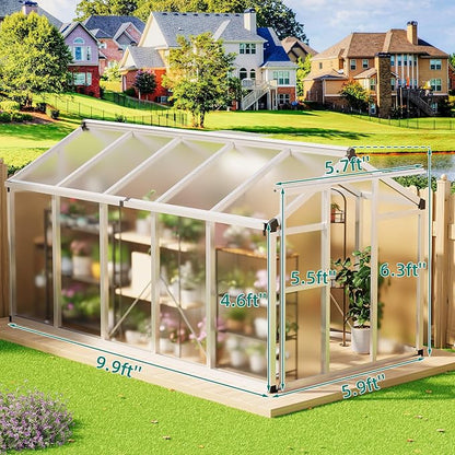 6x10 ft Greenhouse, Large Aluminum Greenhouses for Outdoors, Heavy Duty Polycarbonate Greenhouse with Roof Vent, Walk-in Green Houses for Winter Garden, Backyard, Patio, Lawn, Easy Assembly
