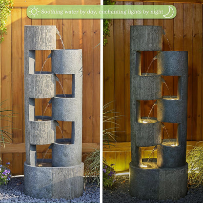 51 Inch Outdoor Water Fountain with LED Lights Tiered Waterfall Fountain Garden Water Feature Durable Resin Fiberglass with Pump Stones Weatherproof Indoor Outdoor Patio Decor