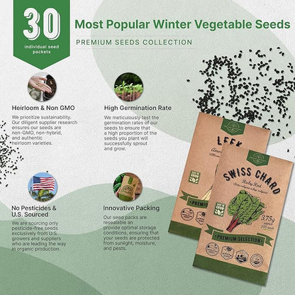 Organo Republic 30 Most Popular Winter Vegetable Garden Seeds Variety Pack- Outdoors/Indoor 33,200+ Non-GMO Heirloom Veggie Seeds Broccoli Beet Carrot Cabbage Chives Lettuce Radish Pea Spinach & More