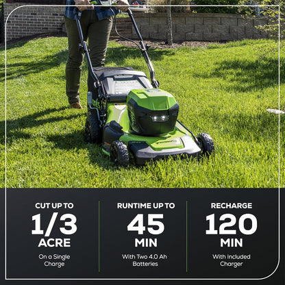 Greenworks 48V (24V x 2) 20" Brushless Cordless (Push) Lawn Mower (LED Headlight), (2) 4.0Ah Batteries and Dual Port Rapid Charger Included (150+ Compatible Tools)