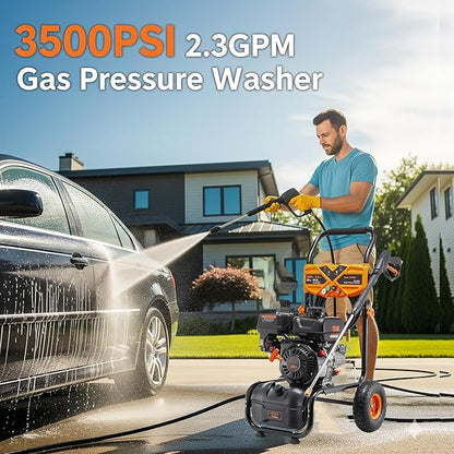 Gas Pressure Washer 3500PSI, 209CC 2.3GPM Gas Power Washers with 25FT Hose, 4 Quick-Connect Nozzles, Soap Tank, Axial Pump, Commercial High Pressure Washers Gas Powered for Car Driveway Wall