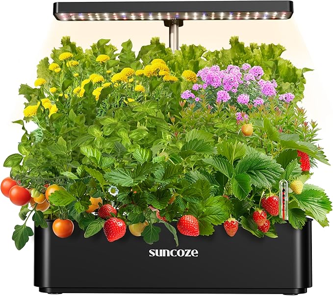 SUNCOZE Hydroponics Growing System Kit 12 Pods, 24W LED Grow Light Indoor Garden, 4L Water Tank with Quiet Pump, Adjustable Height Herb Garden Planter Indoor Kit, Gardening Gifts, Black