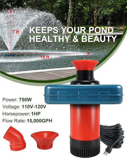 Pond Fountain Aerator 1HP, AS1 750W 15000GPH 110V 120V High Flow Floating Water Fountain Pump With 100ft Power Cord, Thickened Body Aerating Fountains Cascade for Large Small Pond/Lake (No Timer)