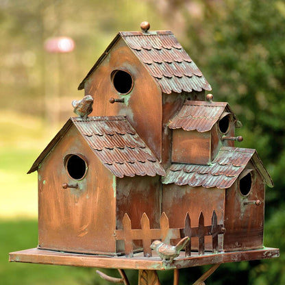 Large Copper Colored Multi-Birdhouse Stakes, Room for 4 Bird Families in Each (Rectangular Houses with Classic Roofs)