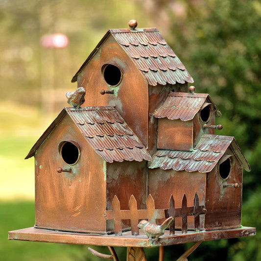 Large Copper Colored Multi-Birdhouse Stakes, Room for 4 Bird Families in Each (Rectangular Houses with Classic Roofs)