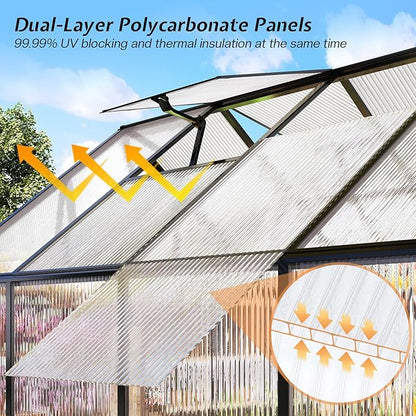 Jocisland 6x12x6.3 FT Polycarbonate Greenhouse for Outdoors with 2 Windows, Dual Swing Doors, Aluminum Walk-in Frame, Heavy Duty Garden Greenhouse for Backyard, Black