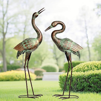 Shorayn Garden Crane Statues, Blue Heron Sculptures for Outdoor, Cranes Decor Metal Bird, Patina Garden Art Lawn Ornaments for Yard Patio Porch Outside Decorations