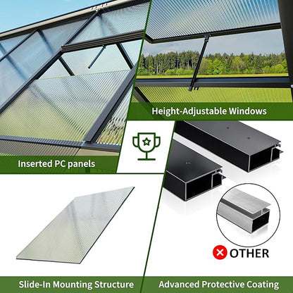 WKM Greenhouse - 5.6x3.7 FT Quick-fit Aluminum Structure with Window Ventilation, Black