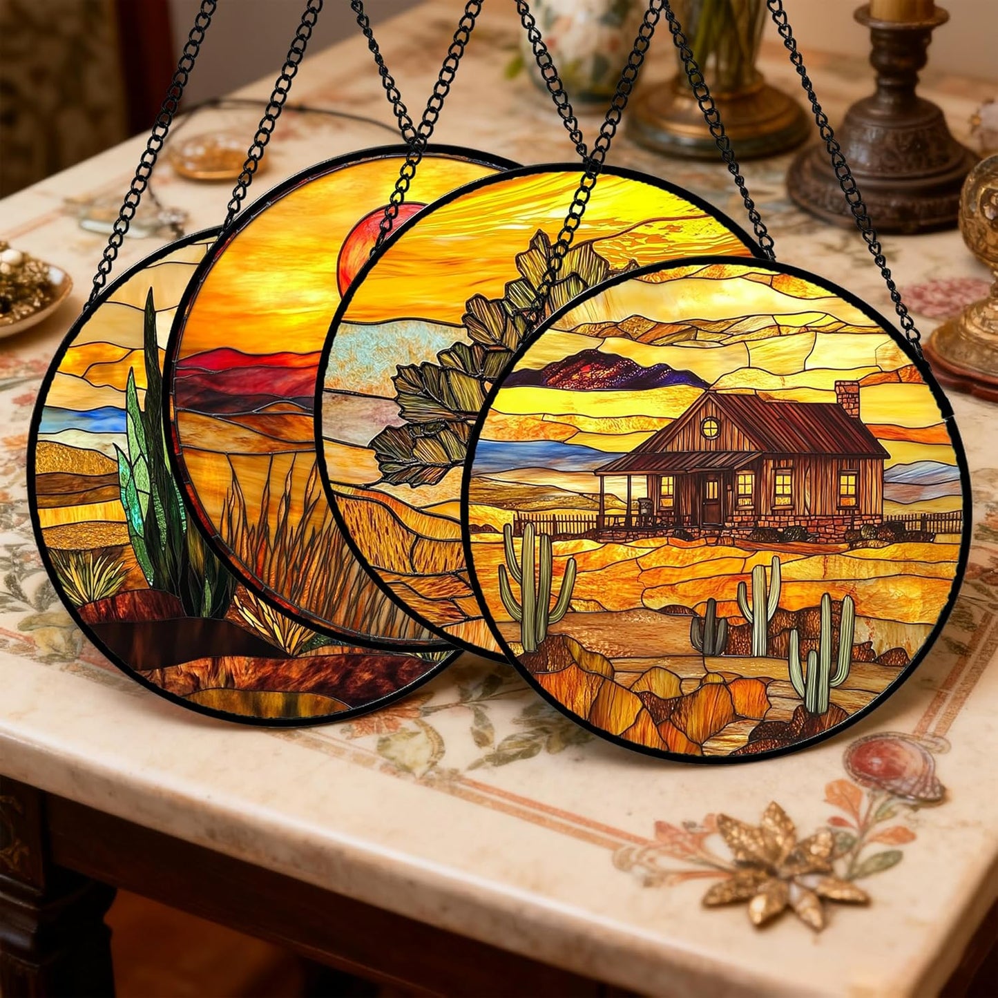 Stained Glass Window Hanging 4 Pcs Set Desert Sunset Theme Landscape Large 11.8" - Suncatcher Door Garden Sun Catcher Decor Birthday Christmas for Mom Woman Nana Men