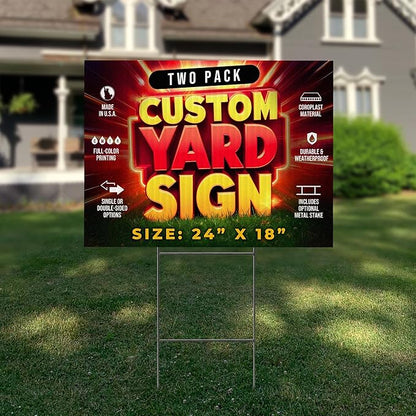 2 Pack 24"x18" Custom Yard Signs with Stakes, Personalized Yard Signs for Outdoors, Customized Full Color Print Corrugated Signs for Business