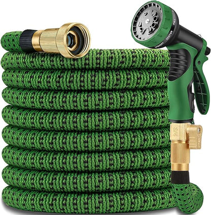 50 ft Garden Hose – 2025 New Expandable Garden Hose with 10-Function Spray Gun, Pure Brass 3/4” Fittings – Lightweight, Durable, and Kink-Free, 50ft Retractable Water Hoses for Gardening(Green Black)