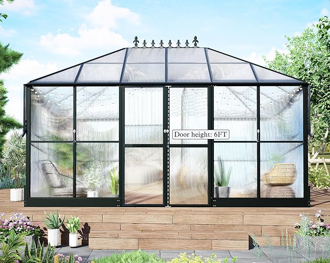 Howe 14x9.5x9 FT Polycarbonate Greenhouse with 2 Vents and Double Swing Doors 6FT Added Wall Height, Walk-in Large Sunroom Aluminum Greenhouse for Outdoors, Black
