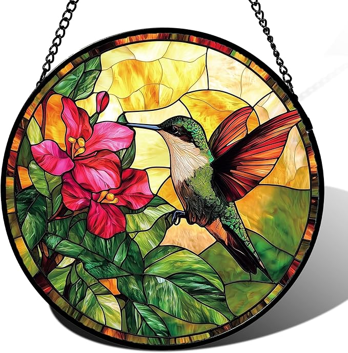 Stained Glass Suncatcher, Hummingbird Red Flowers Green Leaves Sun Catcher Stain Glass Window Hanging Decoration Mother's Day Birthday Gifts for Bird Lover Women Men Mom Nana 11.8 in