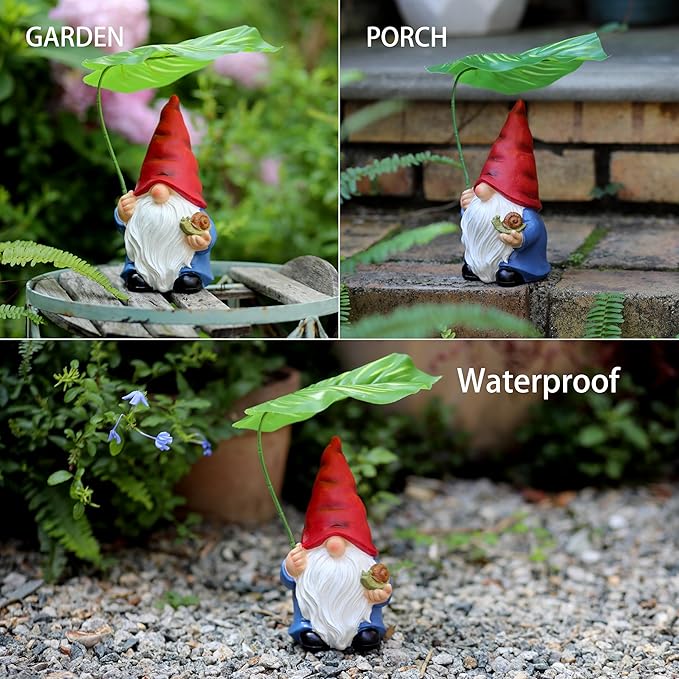 Garden Gnome Statue Decoration with Leaf Umbrella, 7.5” Figurine Ornament for Indoor Outdoor Home Patio Yard Lawn, for Gnome Lovers & Garden Enthusiasts，Mom，Women