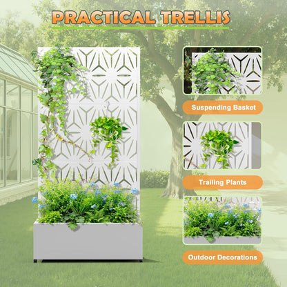 Metal Raised Garden Bed with Trellis, 2-in-1 Planter Box & Privacy Screen for Climbing Plants, Outdoor Standing Flower Bed with Drainage Holes, 35.4" L x 15.7" W x 70.1" H, White-Star