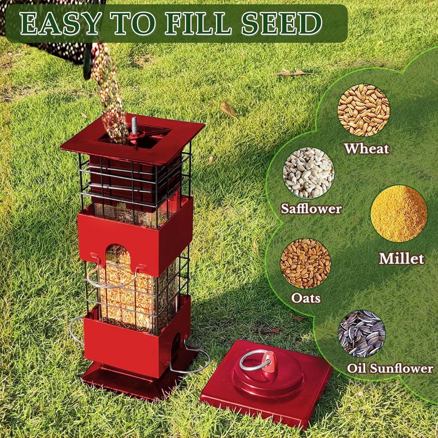 Squirrel Proof Bird Feeder, Metal Bird Feeders for Outdoors, 3 Lbs Birdfeeder Outside Hanging, Weight Activated Spring, 4 Feeding Ports, Cardinals, Finches and Sparrows, Wild Birds (Red)