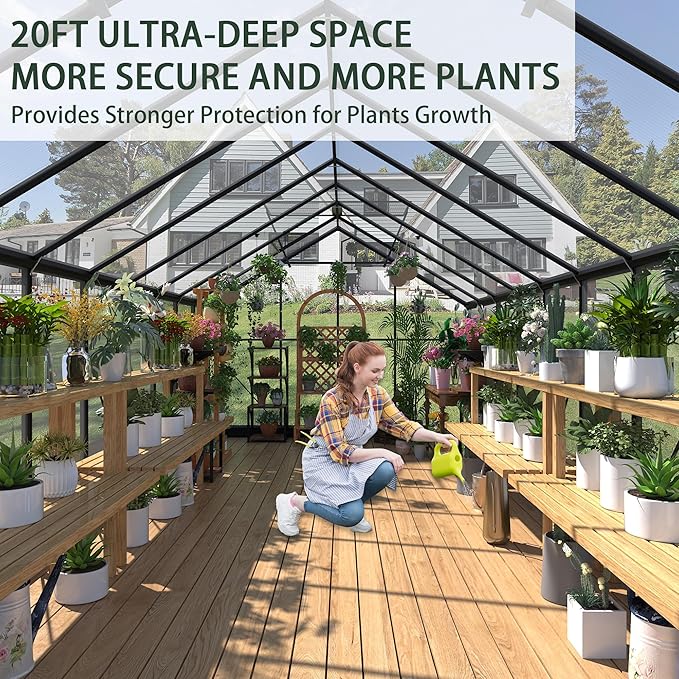 Greenhouses for Outdoors, 8x20 FT Polycarbonate Greenhouses with 4 Adjustable Roof Vents, Walk-in Aluminum Frame Green Houses for Outside with Sliding Doors, Windproof, Graden(8x20FT)