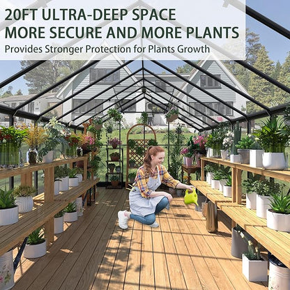 Greenhouses for Outdoors, 8x20 FT Polycarbonate Greenhouses with 4 Adjustable Roof Vents, Walk-in Aluminum Frame Green Houses for Outside with Sliding Doors, Windproof, Graden(8x20FT)