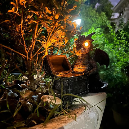 Garden Dragon Statue Solar Powered Outdoor Figurine Light Decor Cute and Hold Glowing Treasure Chest Resin Sculpture Home Decoration for Porch Patio Lawn Farm Yard Housewarming Ornament Gift