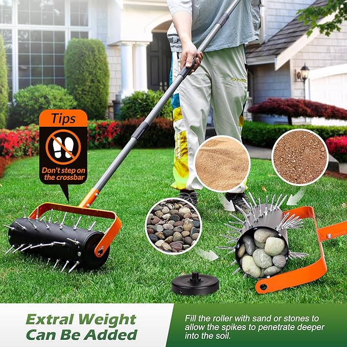 Walensee Rolling Lawn Aerator, Heavy Duty Manual Aerator Tool with 42 Spikes, Lawn Spike Aerator Roller with 71" Adjustable Handle, Soil Penetrator Push Lawn Aeration for Garden Yard Patio