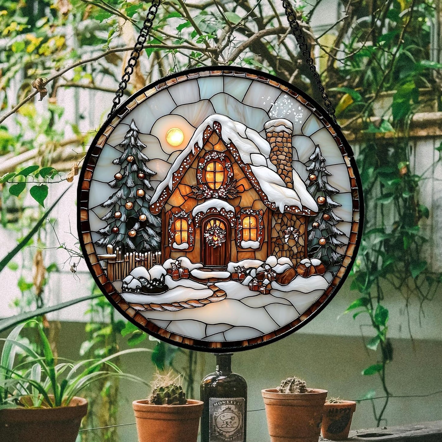 Stained Glass Window Hanging - Christmas Tree Cottage Sun Catcher for Door Garden Home Winter Decor Snowy Night Suncatcher Mother's Day Birthday Gifts for Women Men Mom Nana 9.8 in