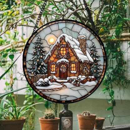 Stained Glass Window Hanging - Christmas Tree Cottage Sun Catcher for Door Garden Home Winter Decor Snowy Night Suncatcher Mother's Day Birthday Gifts for Women Men Mom Nana 6.3 in