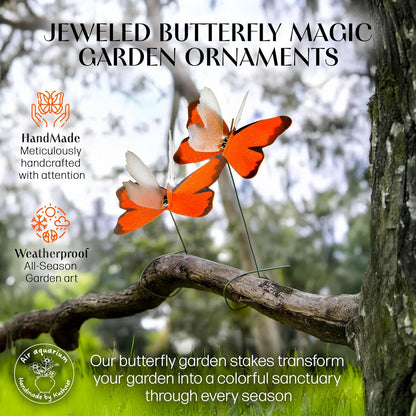 Handmade Butterfly Garden Stakes – Set of 7 Orange Decorative Butterflies Idea for Garden & Nature Lovers – Outdoor & Indoor Garden Decor – Air Aquarium Handmade by Kushner