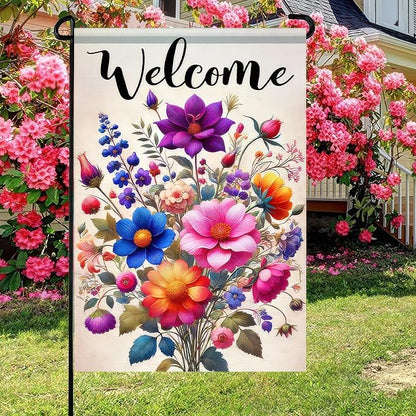 Welcome Spring Garden Flag 12x18 Double Sided Small Floral Flower Garden Yard House Flags Outside Outdoor House Hello Spring Summer Decoration Wedding Anniversary Farmhouse Holiday