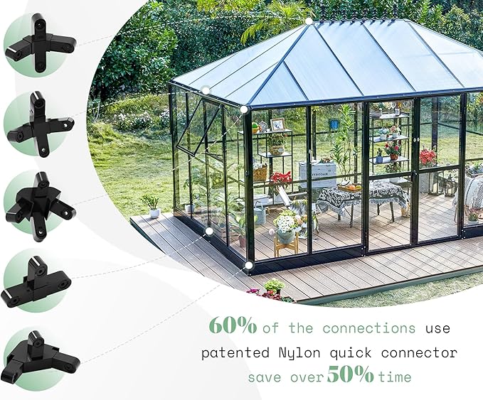 AMERLIFE 14x9.5x9 FT Hybrid Polycarbonate Greenhouse Quick Connector Fast Assembly, Swing 2 Doors Clear Panels, Walk-in Large Aluminum Greenhouse for Outdoors, Black