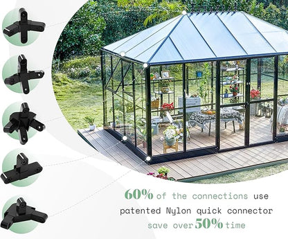 AMERLIFE 14x9.5x9 FT Hybrid Polycarbonate Greenhouse Quick Connector Fast Assembly, Swing 2 Doors Clear Panels, Walk-in Large Aluminum Greenhouse for Outdoors, Black