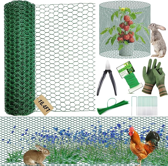 16.4Ft x16In Chicken Wire for Floral Arrangements - Free-Cut Green Metal Mesh with Hexagonal Galvanized PVC Coated Netting Guard Fence for Poultry, Garden, Plant