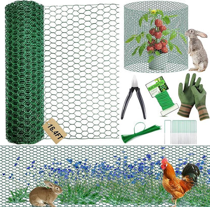 16.4Ft x16In Chicken Wire for Floral Arrangements - Free-Cut Green Metal Mesh with Hexagonal Galvanized PVC Coated Netting Guard Fence for Poultry, Garden, Plant