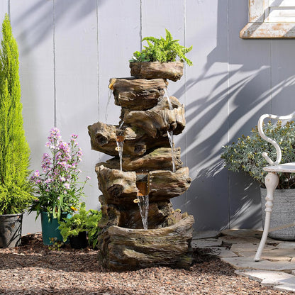 40.5" H Outdoor Water Fountain 5 Tiers Large Cascading Wooden Imitative Wood Natural Waterfall Outdoor Fountain Resin Imitation Wood with LED Lights for Garden, Patio, Porch