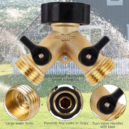 Biswing Garden Hose Splitter 2 Way, Heavy Duty Brass Connector Tap Splitter, Y Splitter 2 Valves with 2 Extra Rubber Washers