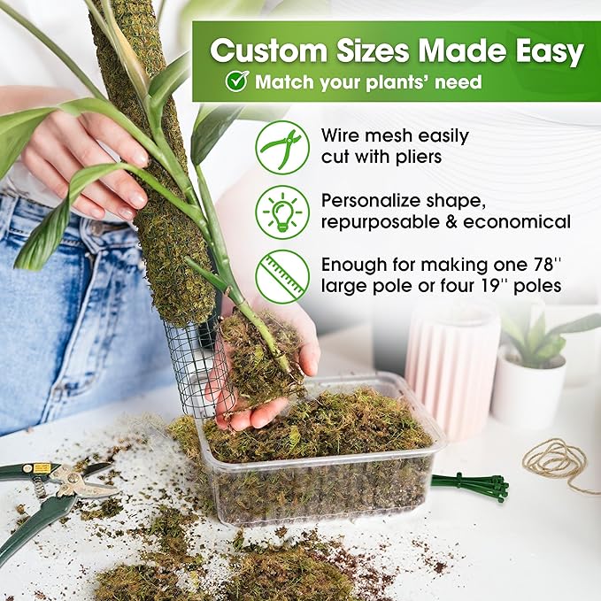 DUSPRO DIY Moss Pole Kit, Metal Moss Pole for Plant Monstera, Pothos, Philodendron, 1pc 8.6’’ x 6.5 ft Wire Moss Pole Mesh with Forest Moss, Cable Zip Ties, Gloves