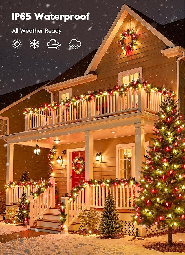 Brightown C9 Christmas Lights Outdoor, 114FT 150 LED Red and Warm White String Lights with Timer, 8 Modes, UL Listed Waterproof Connectable Christmas Tree Lights for House, Roof, Garden, Patio Decor