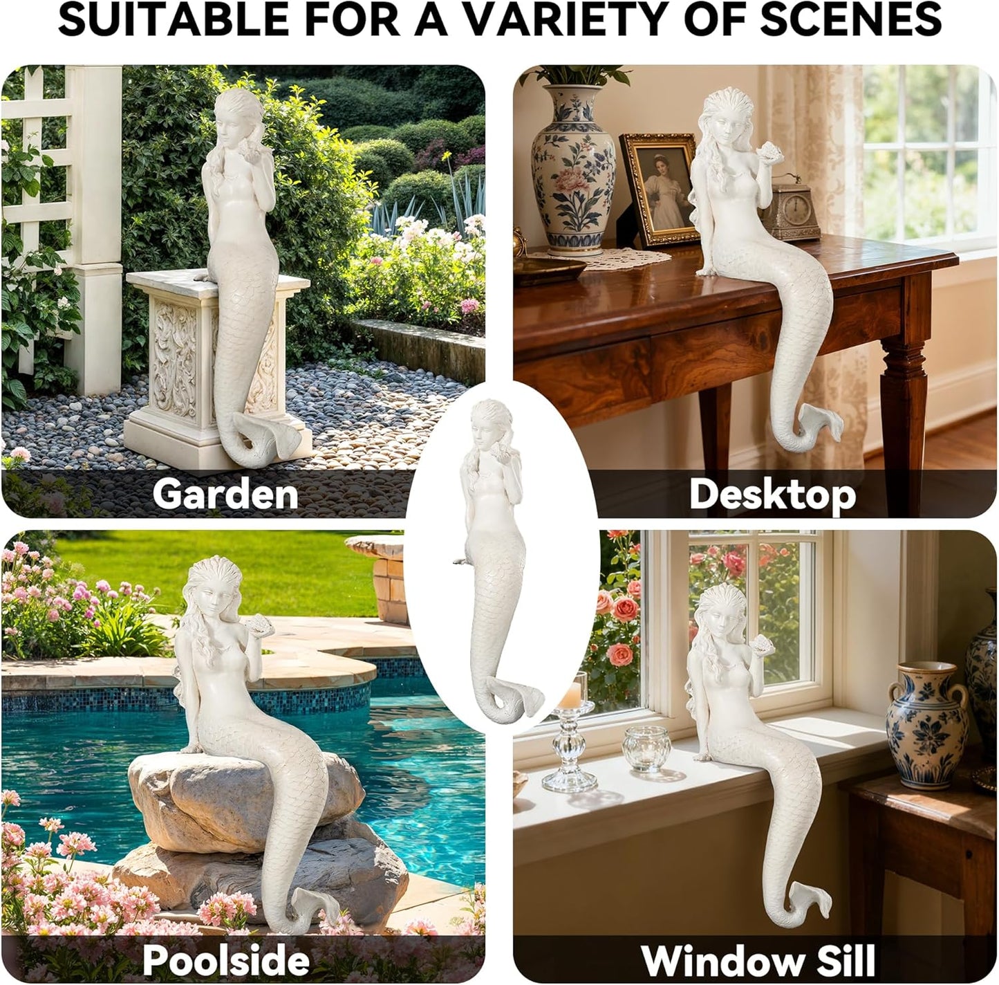 Mermaid Statue for Outdoor Garden,25.6Inch Large Weather-Resistant Sculpture for Yard & Patio Decor, Made of Durable Magnesium Oxide Stone in Antique White