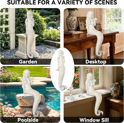 Mermaid Statue for Outdoor Garden,25.6Inch Large Weather-Resistant Sculpture for Yard & Patio Decor, Made of Durable Magnesium Oxide Stone in Antique White